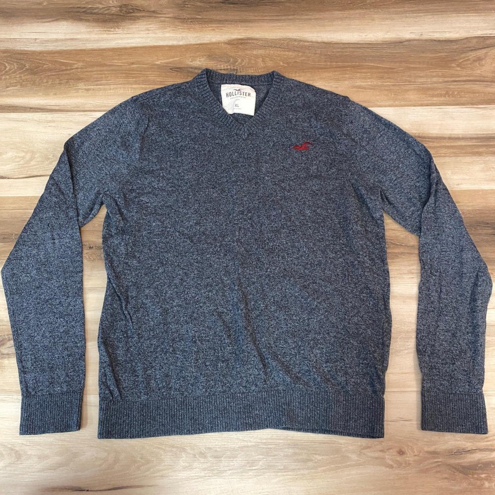 Hollister Sweater Mens XL V-Neck Charcoal Grey Marl Knit Red Seagull Logo Logo